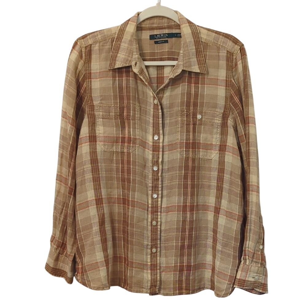Lauren Ralph Lauren 100% Linen Brown Plaid Long-Sleeve Button-Down Shirt size L
